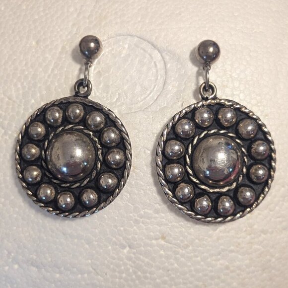 Vintage Studded Alpaca Silver Round Circular Post Drop Earrings Mexico Boho - Picture 2 of 7